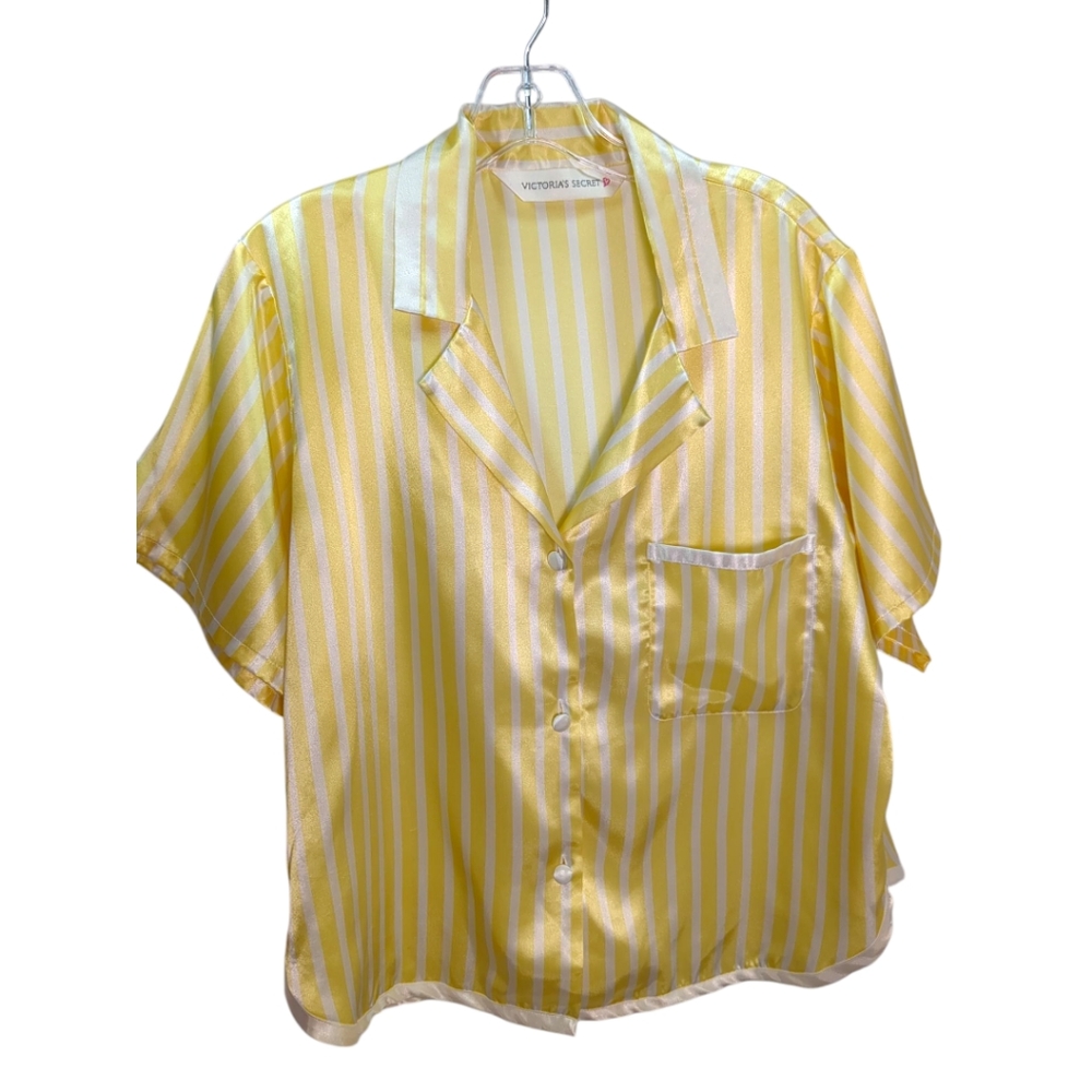 Vintage Victoria's Secret Silky PJ Top Yellow White Striped SZ M